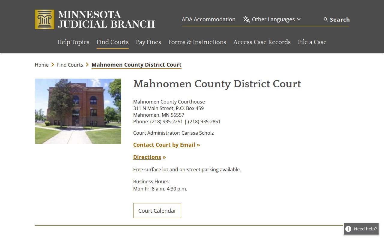 Mahnomen County court release record contact and jurisdiction information
